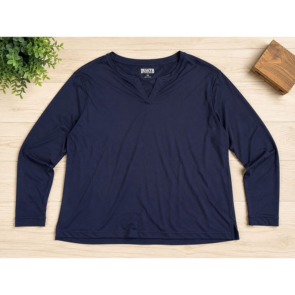 Duluth Trading Co Women's 2X Navy Split Neck Long Sleeve Stretch Knit Top